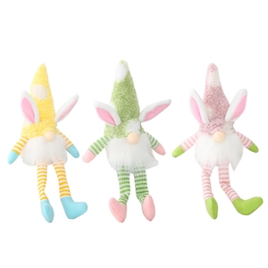 Three colorful Easter rabbit gnomes with long striped legs for festive home decoration