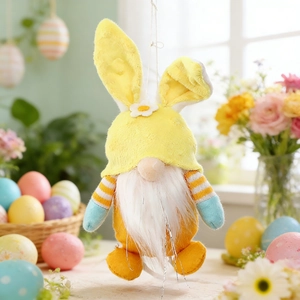 Macro shot of Easter bunny gnome plush with yellow hat and colorful festive background