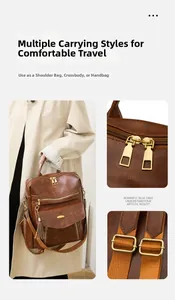 Detailed views of vintage brown PU backpack showing gold zippers and versatile straps