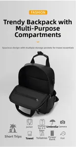 Detail view of large capacity backpack with multi-layer storage and built-in USB port