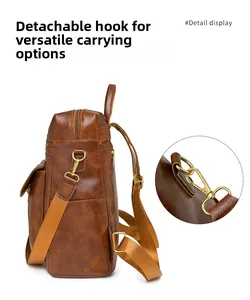 Detail of vintage PU leather bag with detachable metal hooks and adjustable strap