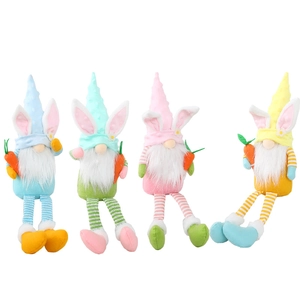 Set of four colorful Easter long-legged gnomes with rabbit ears holding carrots