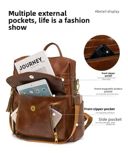 Brown PU leather backpack detail showing large capacity with iPad and magazine storage