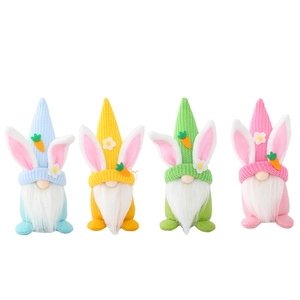 Set of four colorful Easter gnome plush dolls with long rabbit ears and knit hats