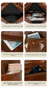 Brown vintage PU leather backpack with multi-pocket layout and anti-theft zipper detail