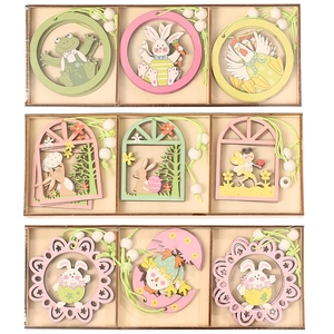 Easter wooden ornaments set with bunnies and eggs in macaron colors for home decor