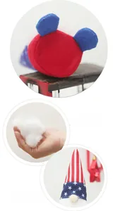 Detail of plush gnome filling with soft PP cotton and striped patriotic fabric texture