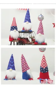 Three Independence Day plush gnomes with red, white, and blue stars and stripes patterns