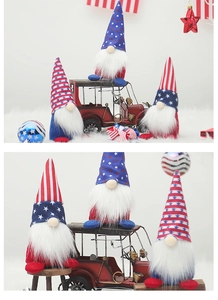 Three Independence Day gnomes with US flag patterns on a white faux fur background