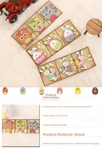 Detailed view of colorful wooden Easter bunny and owl hanging ornaments set in a gift box