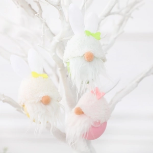 Three-piece Easter faceless gnome plush ornaments with rabbit ears and colorful bows