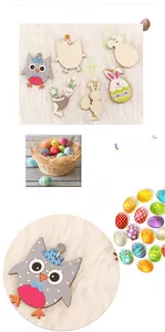 Detail of Easter wooden pendant set featuring hand-painted rabbits and decorative beads