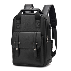 Retro black faux leather laptop backpack for men with USB port and front flap pockets