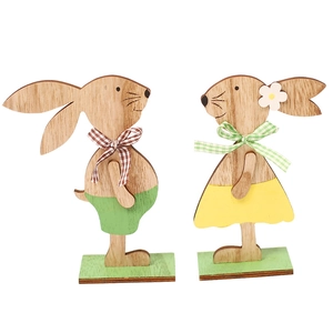 Statuine di coniglietto pasquale in legno nordico con fiocchi a quadri e base d'appoggio