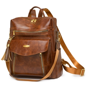 Retro brown PU leather women's backpack with golden hardware and tassel pendant