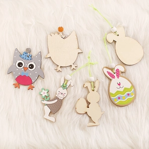 Easter decorative wooden rabbit and chick pendants set with colorful elastic ropes