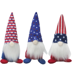 Three Independence Day patriotic gnomes with American flag hats on white background