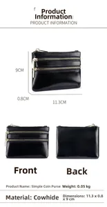 Detailed view of triple-zipper leather wallet with 11.3x9cm dimensions and specs