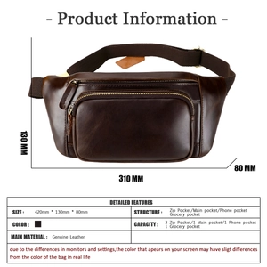 Detaillierte Größentabelle für braune Leder-Gürteltasche für Herren im Format 420x130x80mm