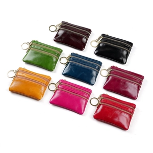 Genuine Leather Oil Wax Coin Purse Minimalist Multi Zipper Wallet Key Holder Card Organizer For Men Women Fashion Pouch