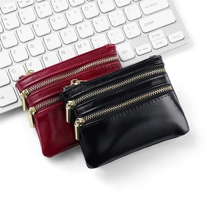 Genuine oil wax leather double zipper coin purse in black and red with gold hardware
