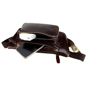 Vintage-Bauchtasche aus dunkelbraunem Echtleder für Herren mit Doppelreißverschluss-Design
