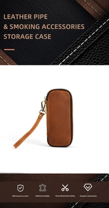 Detail view of premium brown cowhide leather pipe storage case with zipper and wrist strap