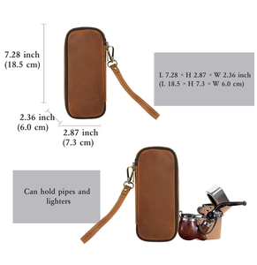 Brown leather pipe travel case with side wrist strap and zipper closure details