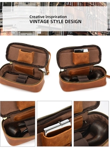 Detail view of brown leather tobacco pipe case showing internal elastic slots and stitching