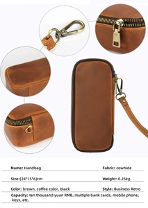 Macro view of genuine cowhide texture and bronze metal hardware on retro leather travel pouch