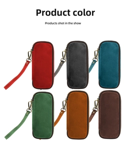 Detail view of suede travel pipe pouch cases in six colors with wrist straps