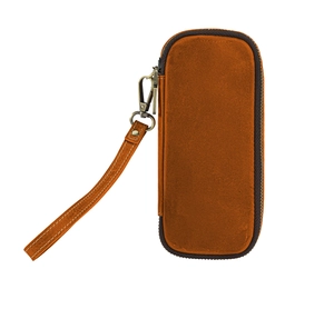 Detail of vintage brown suede pipe pouch featuring a metal zipper and wrist strap