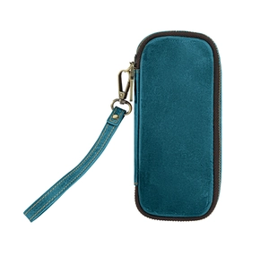 Detail of teal leather tobacco pipe bag with hand-stitched wrist strap and vintage metal hardware