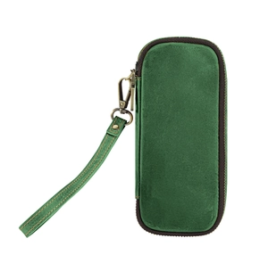 Detail of dark green leather tobacco pipe case with orange stitching and wrist strap