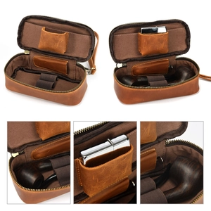 Vintage Genuine Leather Pipe Tobacco Storage Bag Zipper Portable Travel Smoking Accessory Case With Wrist Strap For Men