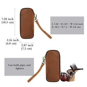 Vintage brown leather pipe travel case with wrist strap and zipper closure