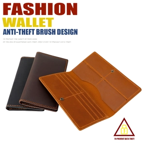 Detail of crazy horse leather wallets showing RFID protection and multi-card slot layout