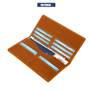 Interior layout of brown leather long wallet featuring multiple card slots and banknote pockets