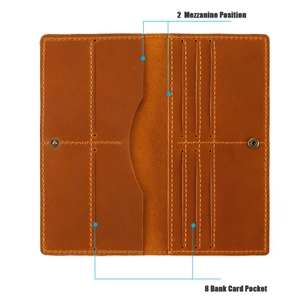 Detail view of crazy horse leather wallet interior with 8 card slots and dual compartments