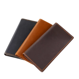 Detailed view of handmade crazy horse leather long wallets in black, brown and coffee colors