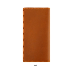 Back view of handmade brown crazy horse leather long wallet with detailed stitching