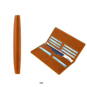 Detailed interior of brown leather long wallet showing 12 card slots and large cash pockets