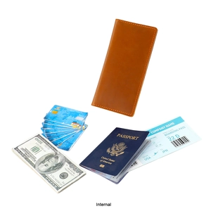 Detailed view of the internal slots for passport and cards in crazy horse leather wallet