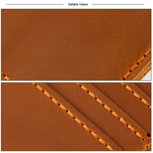 Macro detail of crazy horse leather wallet with precision orange hand-stitched seams