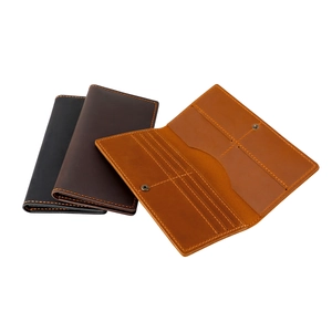 Handmade crazy horse leather long wallet for men with card slots and metal snap button