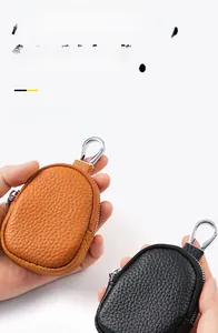 Macro view of genuine leather mini coin pouch with silver zipper and carabiner clip