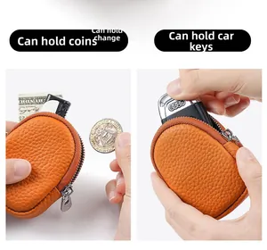 Mini orange lychee leather pouch with metal zipper for coins, bills and car keys