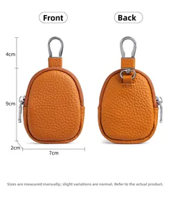 Detailed dimension chart for orange lychee grain leather mini wallet with metal hook