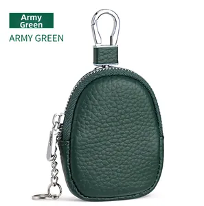 Detail of Army Green pebble grain cowhide mini coin purse with silver metal keychain
