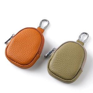Mini genuine leather coin purse with lychee texture and silver carabiner in two colors